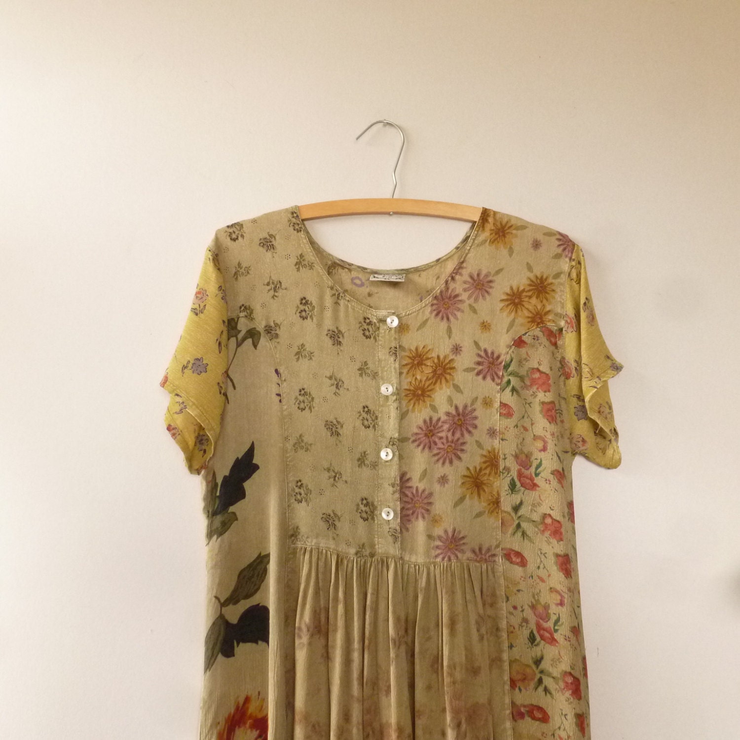 90's Long Floral Rayon Grunge Style Dress - 1990s Sacred Threads Hippie or Boho Dress. Long Patchwork Dress