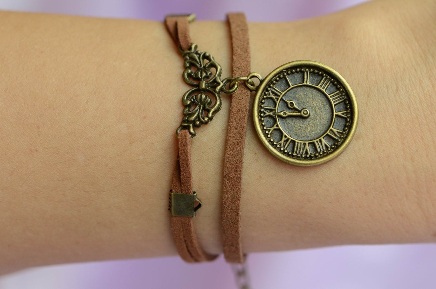 Retro watch clock bracelet , Antique bronze charms bracelet , Fashion brown leather bracelet , Multistrand brown leather bracelet