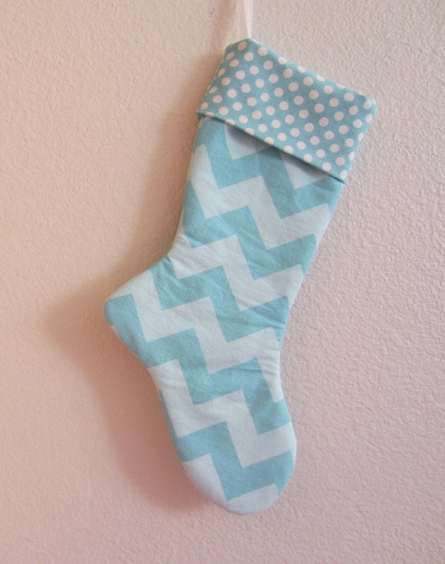 Personalized Christmas Stocking - Unique Baby Shower Gift - Aqua Blue White - polka dot chevron - Rhinestone Applique