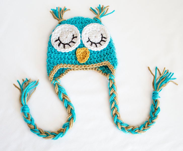 Crochet Owl Earflap Hat with Braids Braided Tails - Baby Girl or Boy Photography Photo Prop - Blue & Tan - Newborn through Child Sizes