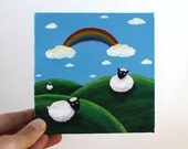 Sheep, Lamb, Ewe, Irish landscape illustration, 5x5, Original acrylic painting on canvas, children's art, hills, rainbow, green, blue, white