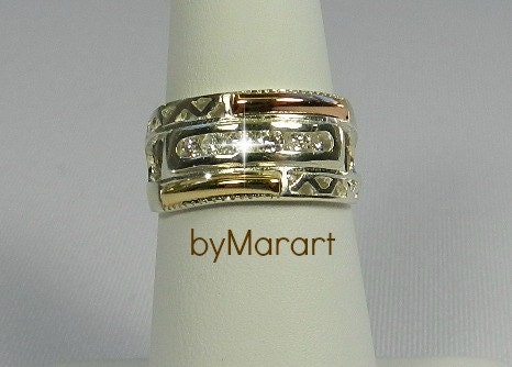 Size 8.5 US Chart. "Rich texture" ring. 925 Sterling Silver and 18k yellow and rose gold foil. Small CZ. Wedding, Anniversary. Engagement.