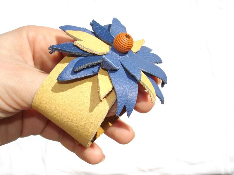 Yellow Wrist Cuff.  Blue Bracelet.  Leather Flower Bracelet. Wide Leather Bracelet Cuff. Yellow Wristband