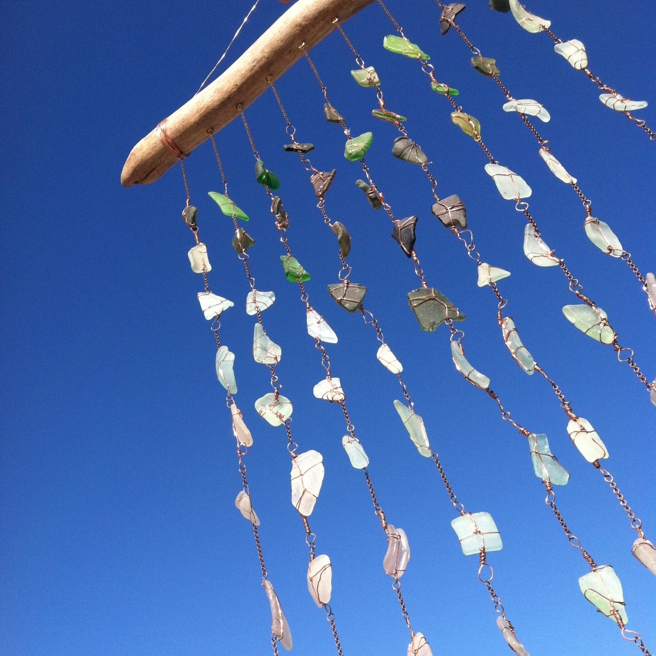 teal, white and green seaglass and driftwood suncatcher, large