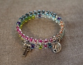 Rosary Wrap Childrens Bracelet made of Memory Wire and Multi-Colored Beads and Metal Crucifix