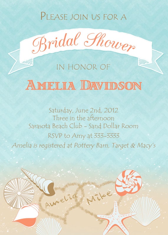 Beach Shells with Hearts Bridal Shower Invitation - Printable