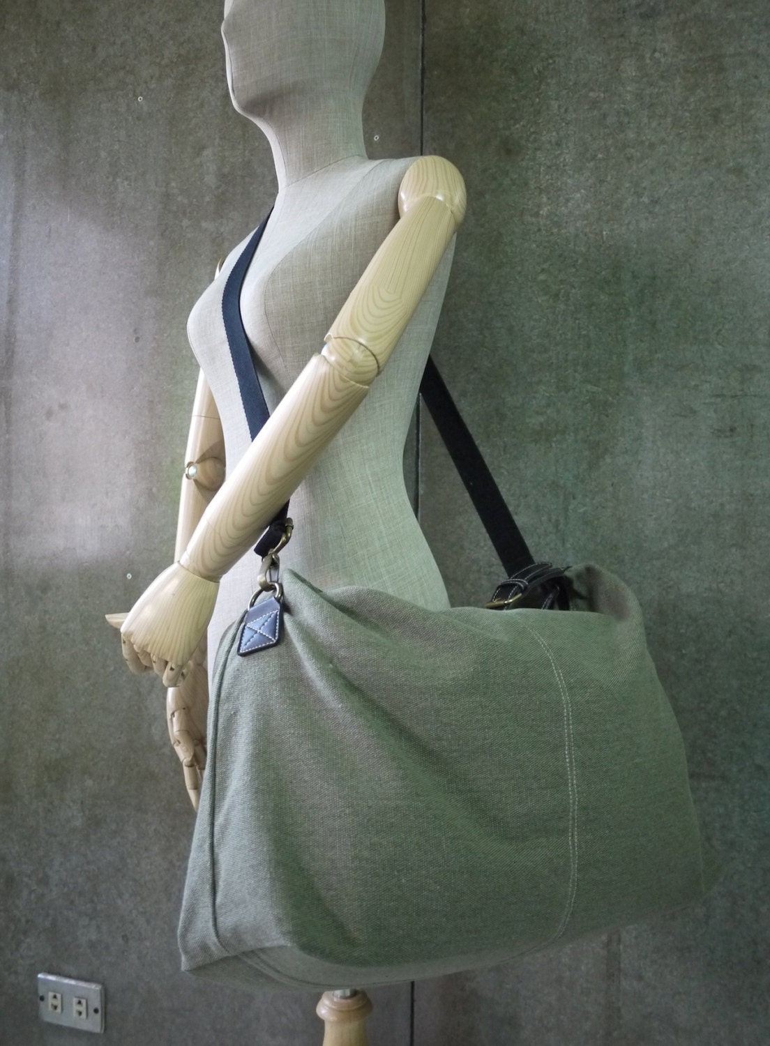 Dusty Olive Green Sack Cotton Large Messenger Bag, Shoulder Bag, Tote, Overnight Bag/Travel Bag, Laptop Bag, Work Bag, Hip Bag - MB014