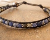Chan Luu Inspired Men's Single Black Leather Wrap Bracelet with Sodalite Gemstones