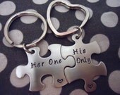 Personalized Puzzle Piece Key Chain Duo Her One His Only - Hand Stamped Stainless Steel