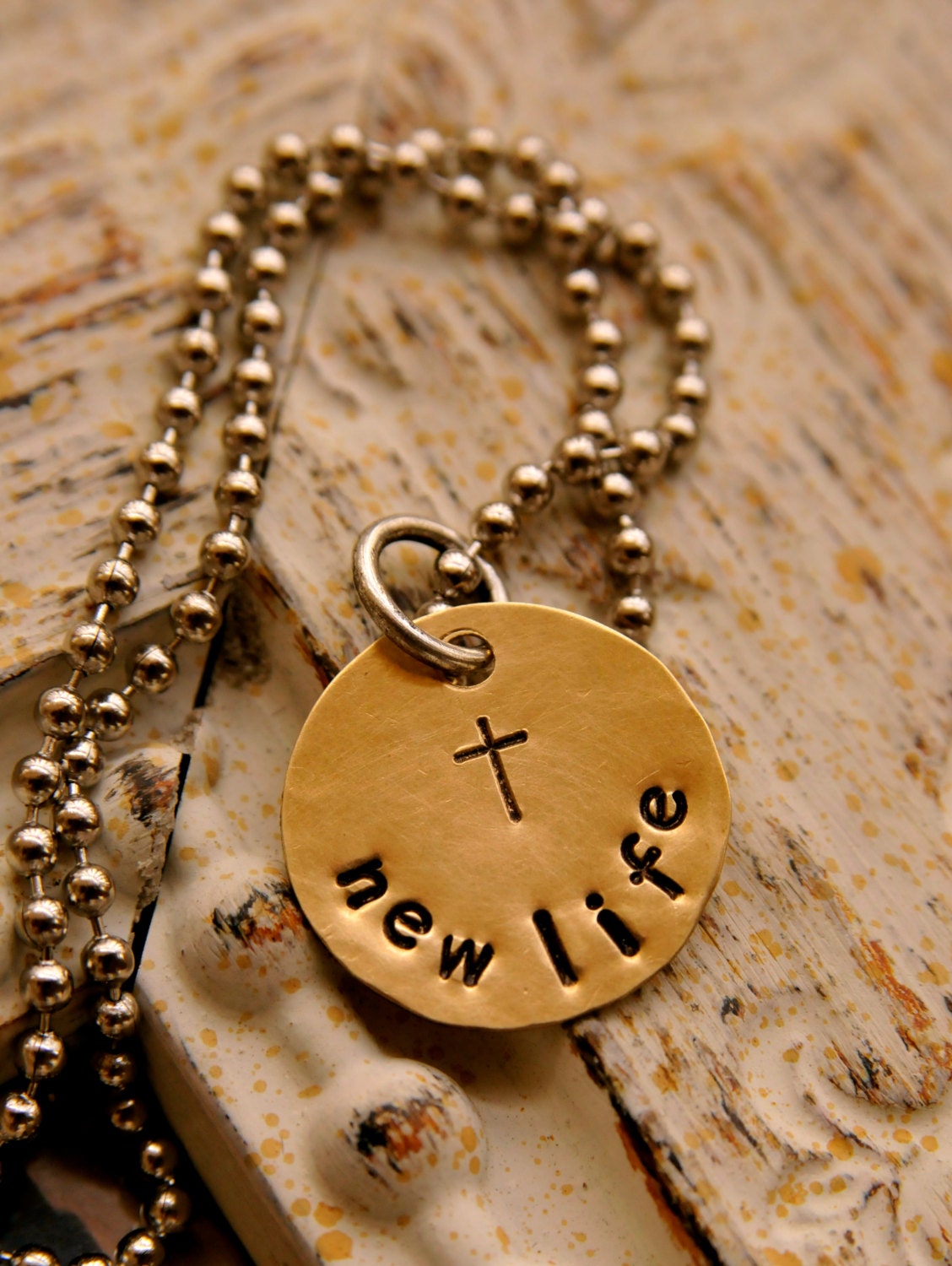 New Life medium size brass pendant. It comes with a chain, metal ball & is 3/4" in diameter. - HammeredLoveJewelry