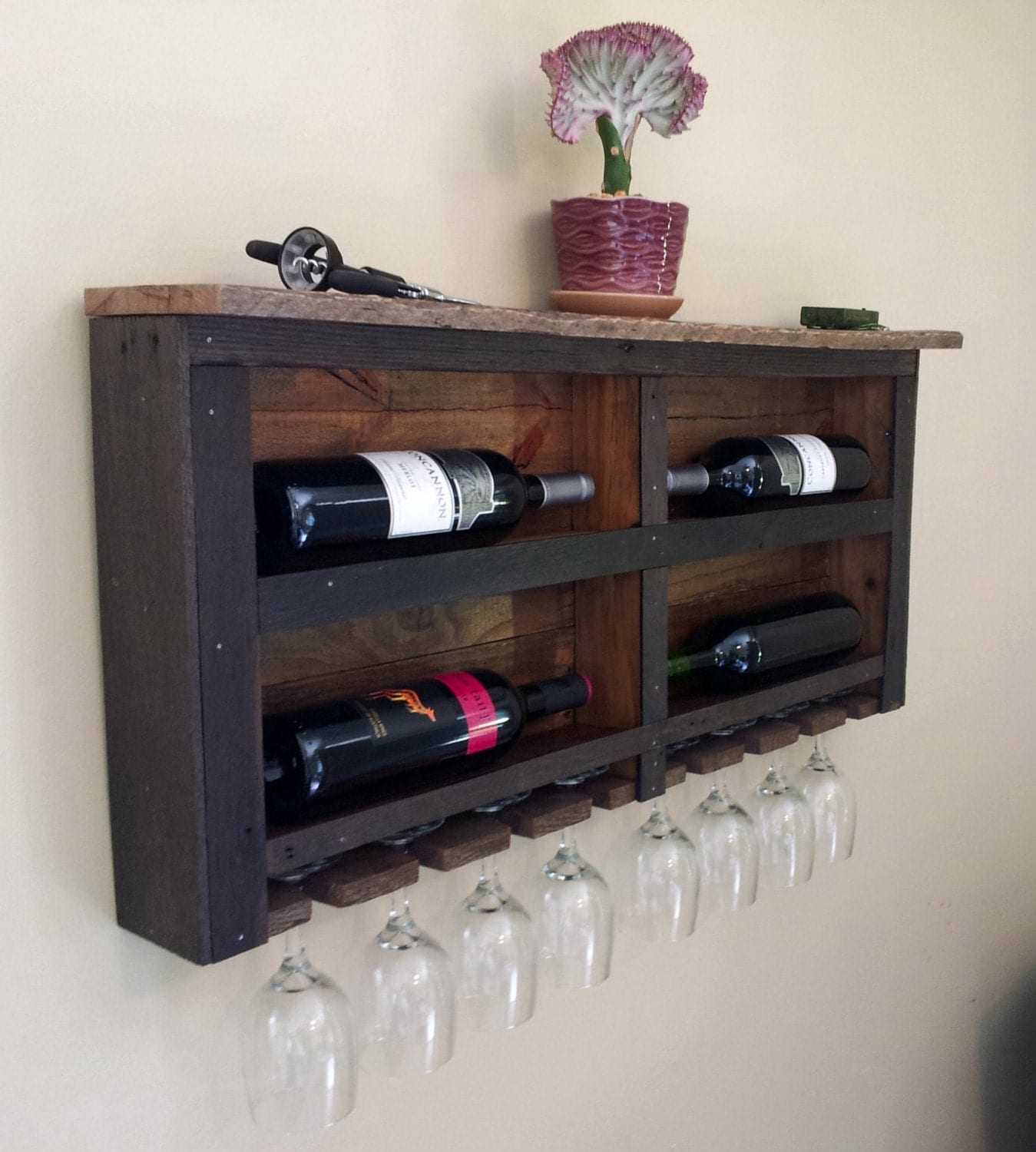 Reclaimed Pallet Wood Wine Rack with Red LED Lights by 