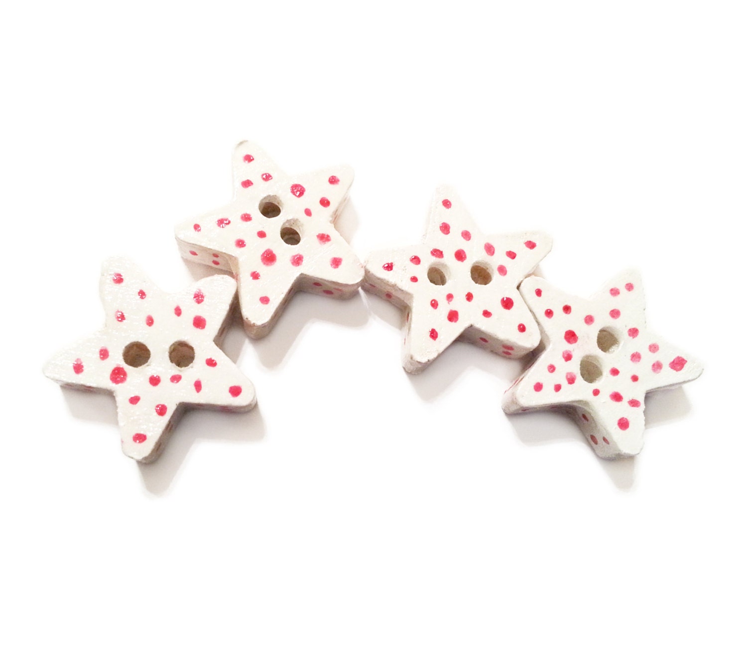 White Star Pink Polka Dot Wood Button Set Of Four Buttons Hand Painted Sewing Crochet Knitting Button