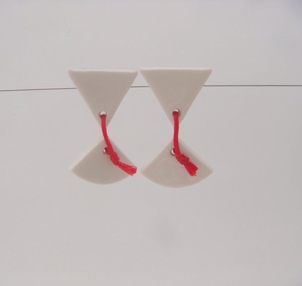 Posts Geometric Ceramic Stud earrings ,white porcelain with red wire & sterling silver ,spring collections