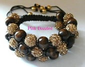 3 Row Brown Crystal Pave Disco Ball and Wood Bead Bracelet