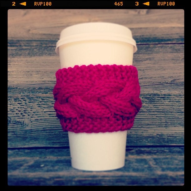 Hot Pink cable knit coffee cozy w/wood button