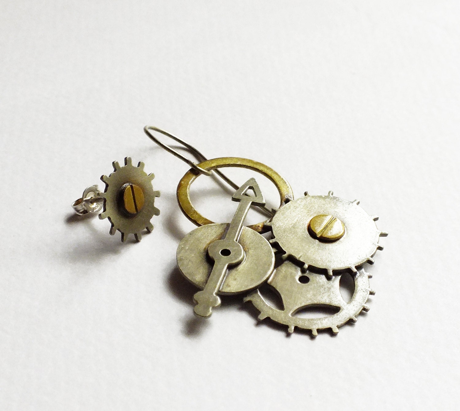 Cogweel handmade earrings in nickel silver and brass, mixed metals earrings, stud and dangle earring, modern, "Alice in Wonderland" earrings
