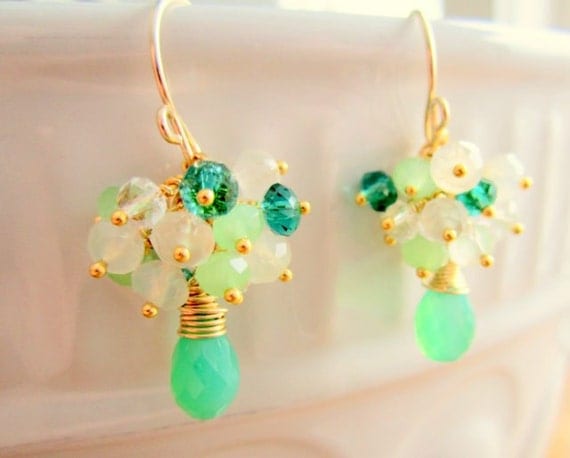 EASTER SALE Green Cluster Earrings in Gold Filled Wire - Bridal/Wedding Jewelry Emerald Gems Dangles