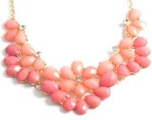 Teardrop Statement Bib Necklace with Faceted Seafoam Baubles and Rhinestones in  Seafoam, Coral, Ivory
