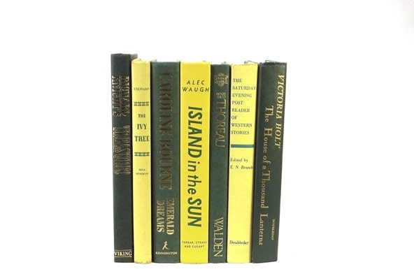 Yellow and green vintage decorative books, book sets, books, book collection, wedding decor, photo prop