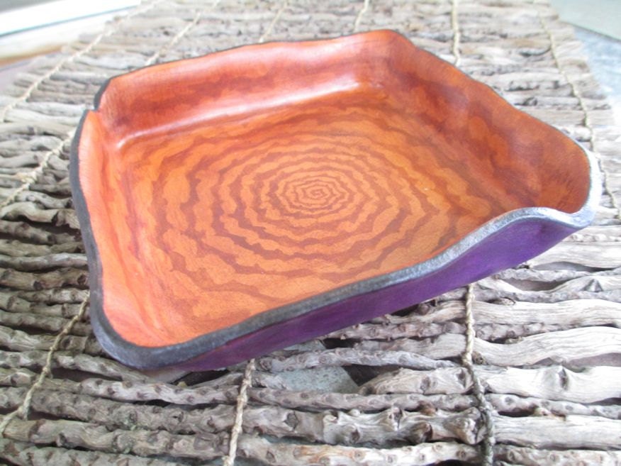 Hand Formed Leather Tray. Hand Painted Spiral Dresser, Desk Accessory. Tan and Violet Dyed Leather Box.