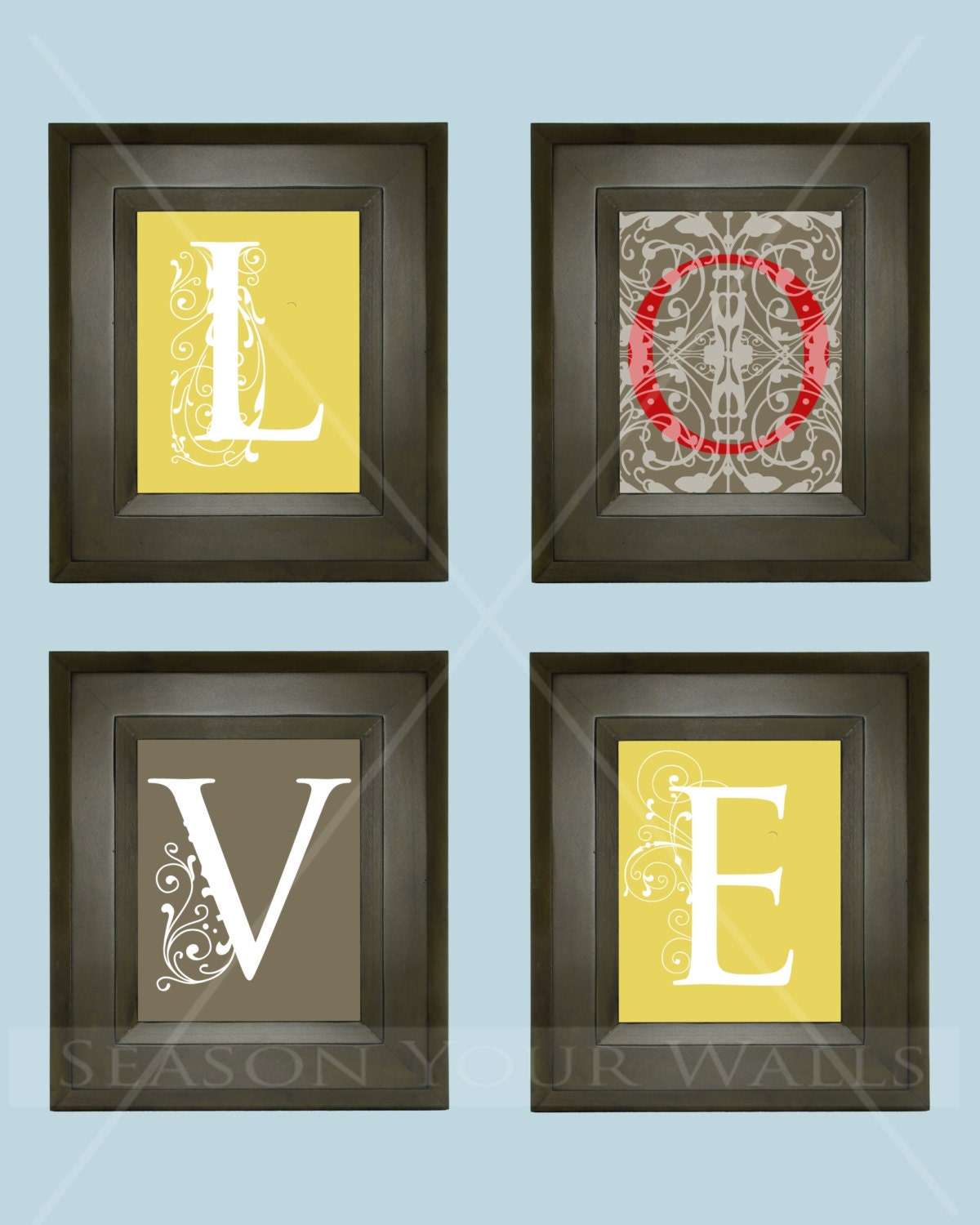 LOVE Valentine's Day Wall Art, Four 8x10 Prints  Word Art Customizable  Unframed