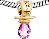 Gold Dangle Pink Crystal Pacifier Bead charm For european or Pandora charm bracelet