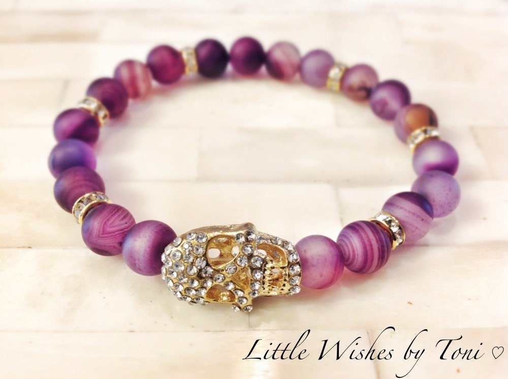 Skull Rhinestone Bracelet Stackable Stretch Gold with Gorgeous Purple Agate Glass Cats Eye Beads