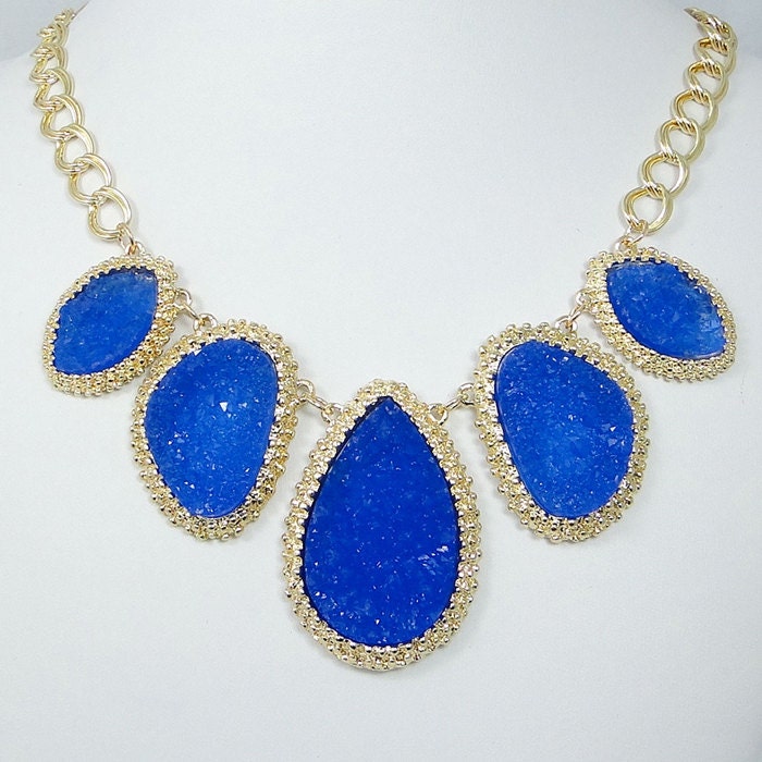 Hot Sale Royal Blue Druzy Drop Stone Statement Necklace, Gold Tone Crystal Rhinestone Drusy Bib Necklace-122407953