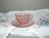 Cup and Saucer Holiday-Buttons and Bows-Depression Glass-Jeannette Glass Company-Made from 1947-1949-pink glass