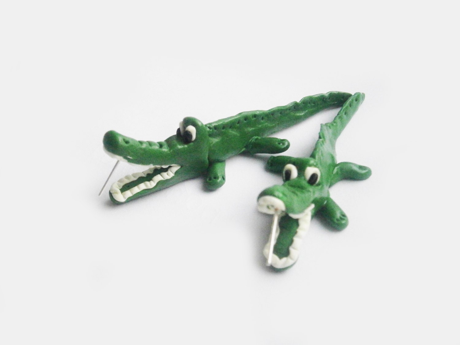 fake gauge plug two part earrings green crocodile , Polymerclay, handmade