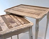 Shabby Chic Duo of Nesting Tables Painted in Distressed Stripes with "Old White" and "Coco" Annie Sloan Paint