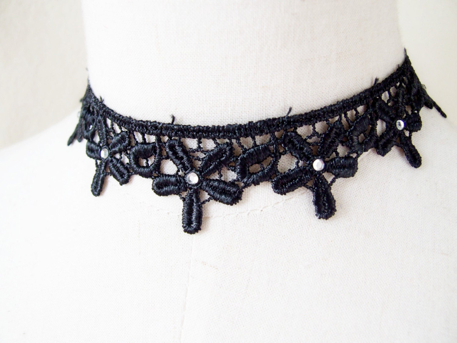 SALE Black floral Lace Gothic Vintage choker necklace rhinestones Victorian art deco beaded