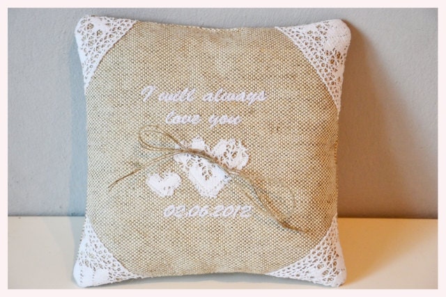 Personalized Linen Wedding ring pillow , ring pillow, ring bearer pillow with Custom embroidery