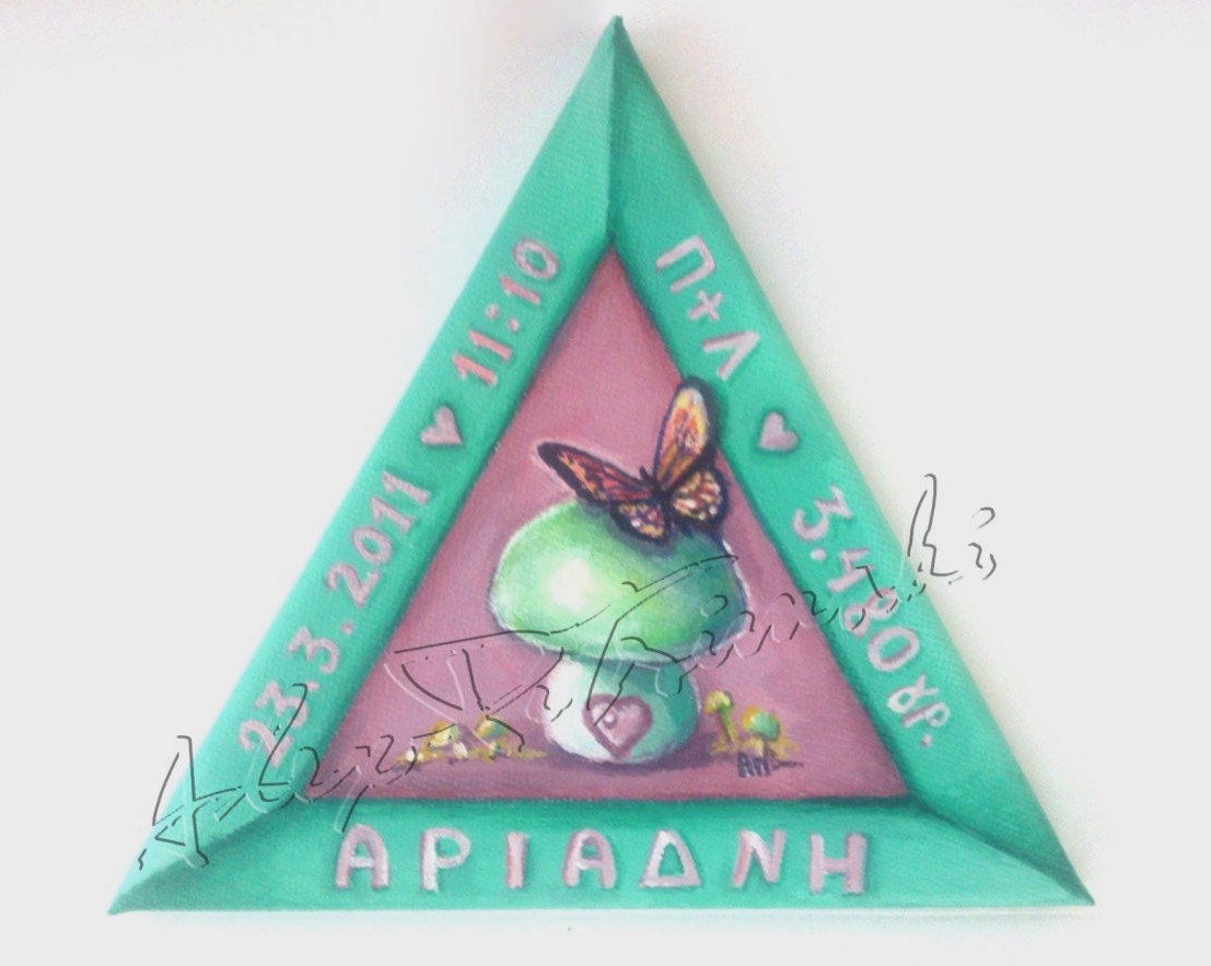 Birth Canvas : Girl Nursery Art- Personalized Name Art .  Mushroom Butterfly Art- Mint green and Pink- Triangle- Made to order
