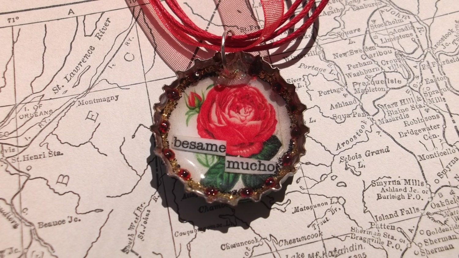 Besame Mucho: Romantic Red Rose Recycled Bottle Cap Necklace