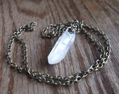 Rock Ice 27" Necklace: Natural Rough Clear Quartz Crystal Point , Raw Stone Amulet on Brass Chain