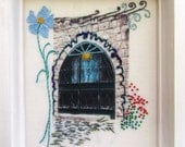 the flower door, fiber art, wall hanging, hand embroidery,  mixed media OOAK