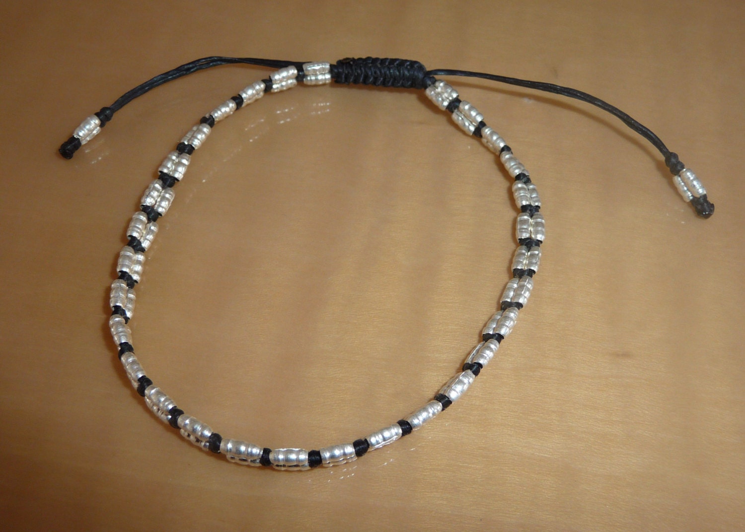 Handcrafted Black Macrame Bracelet With Polished 925 Sterling Silver Beads