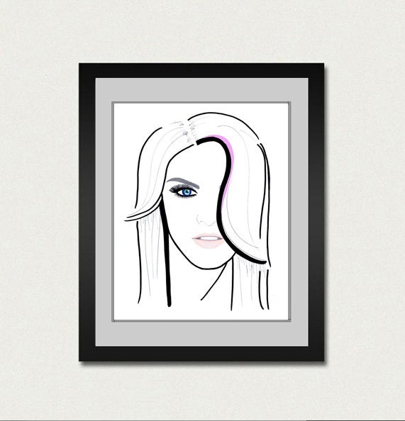 Fashion Illustration Art Print. Fine art print with blue and pink accents.
