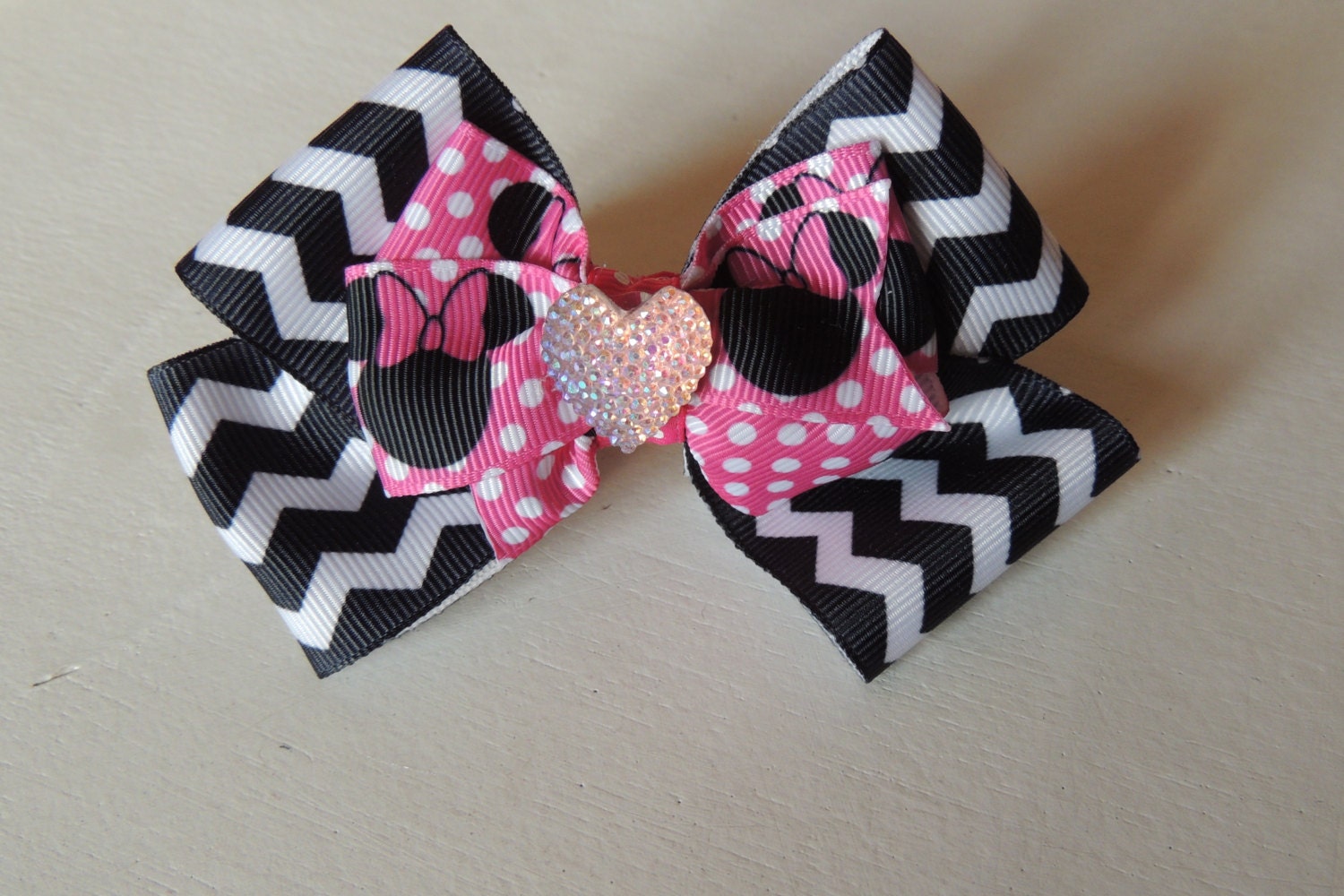 Boutique Pink and Black Chevron Disney Minnie Mouse Girls Hair Clip Bow, Birthday, Photo Prop