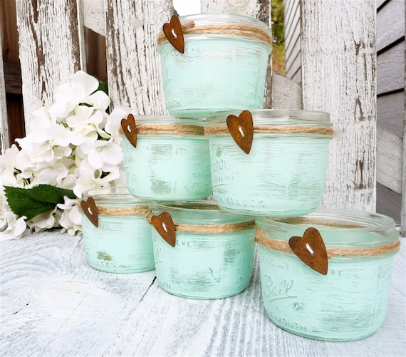 10 Aqua SHABBY CHIC Rustic Wedding Mason Jar Candle Holders