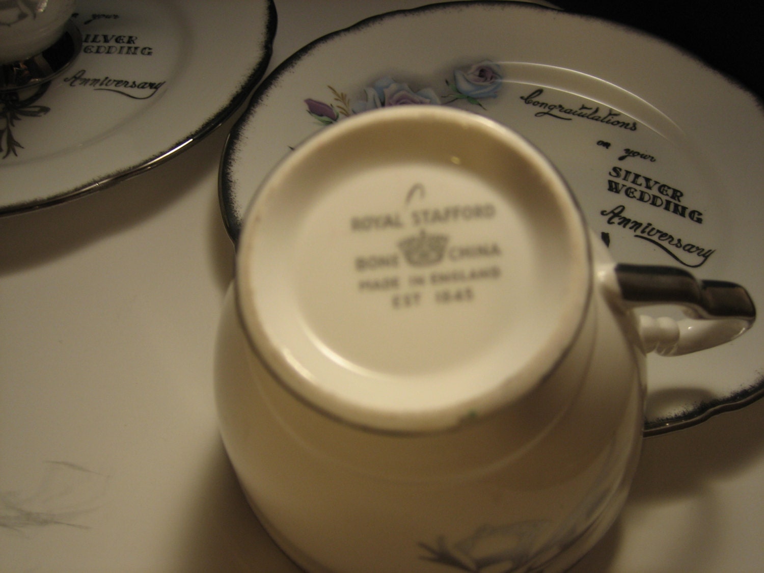 Vintage English Silver Wedding Anniversary, Royal Stafford Bone China "Honeymoon Rose" Cups & Plates
