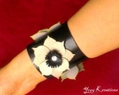 Black leather cuff, Silver Flower Floral Bracelet Pink Pom Pom Jewelry Crystals wrist band wrap Rhinestone  snap wide Recycle Handmade