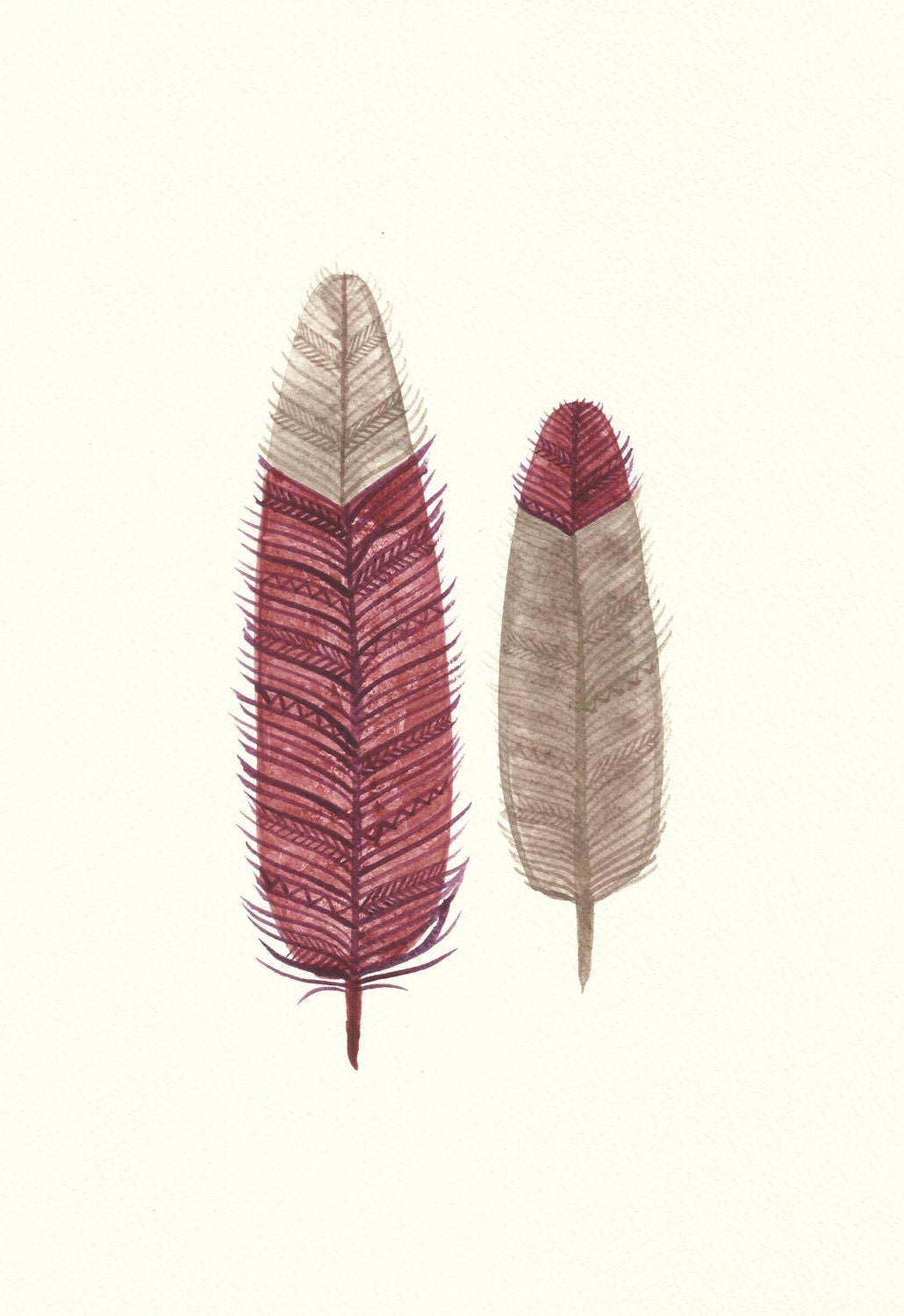 Bergundy and Taupe Feather Watercolour Original- Free UK Delivery- Home Decor