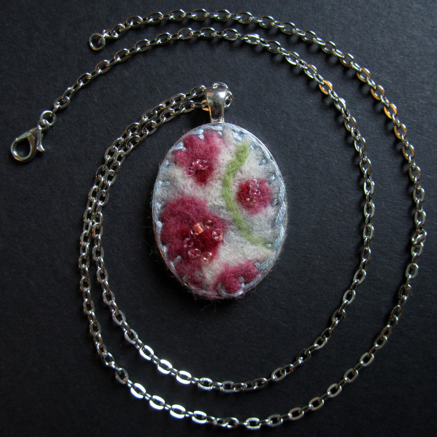 English Tea Rose - Romantic Oval Pendant Necklace - Needle Felt Abstract Floral Design with Embroidery and Beads