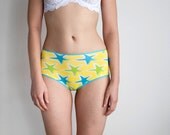 SUMMER STARS. Yellow, Green, Blue Soft Cotton Rib Knit High Brief Panties. Unique Lingerie Shorts