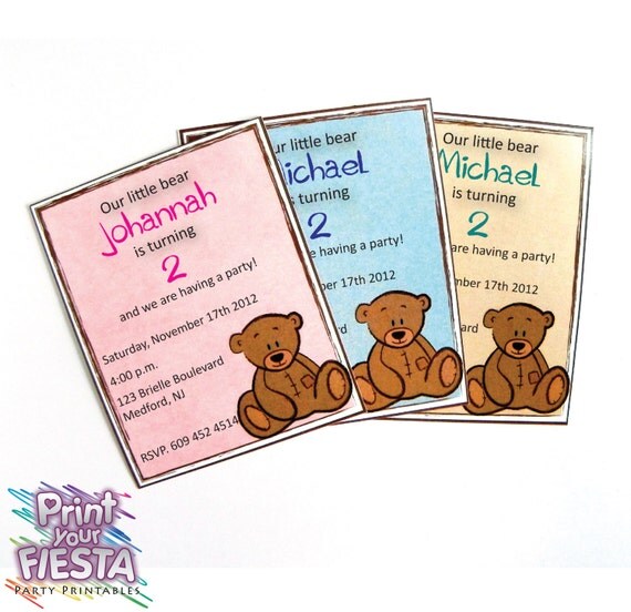 Print Your Fiesta editable digital party cards - Teddy Bear Invitation Cards / Tags - PDF file, Free shipping Il_570xn