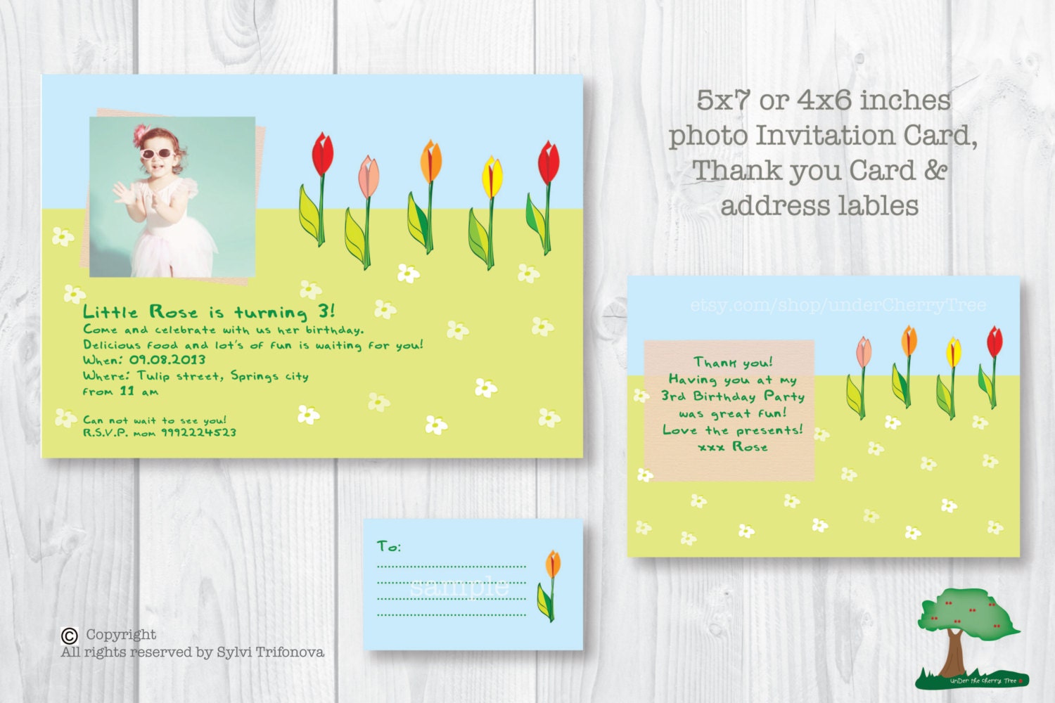 Custom Printable.  Birthday Party Photo Invitation set -  flowers theme. Birthday Invitation. Thank you card. Labels. Party - Best price