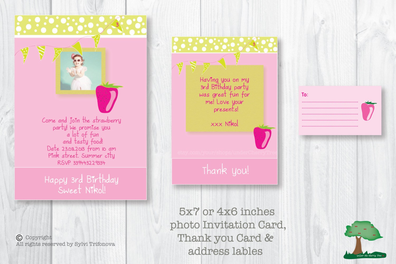 Custom Printable.  Birthday Party Photo Invitation set -  Strawberry theme. Birthday Invitation. Thank you card. Labels. Party - Best price