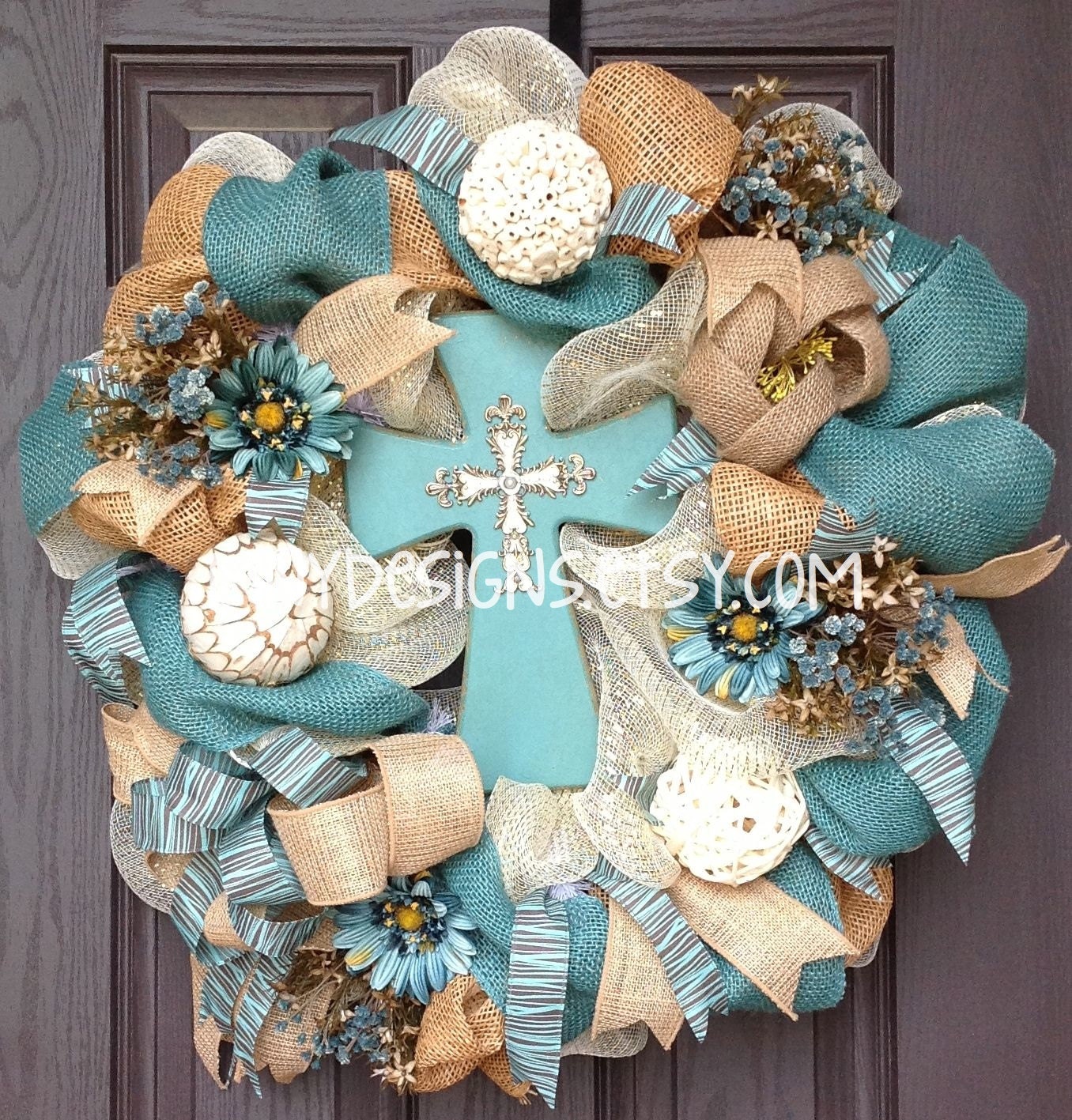 Turquoise Vintage Cross and Burlap Deco Mesh Wreath, Indoor/Outdoor Wreath